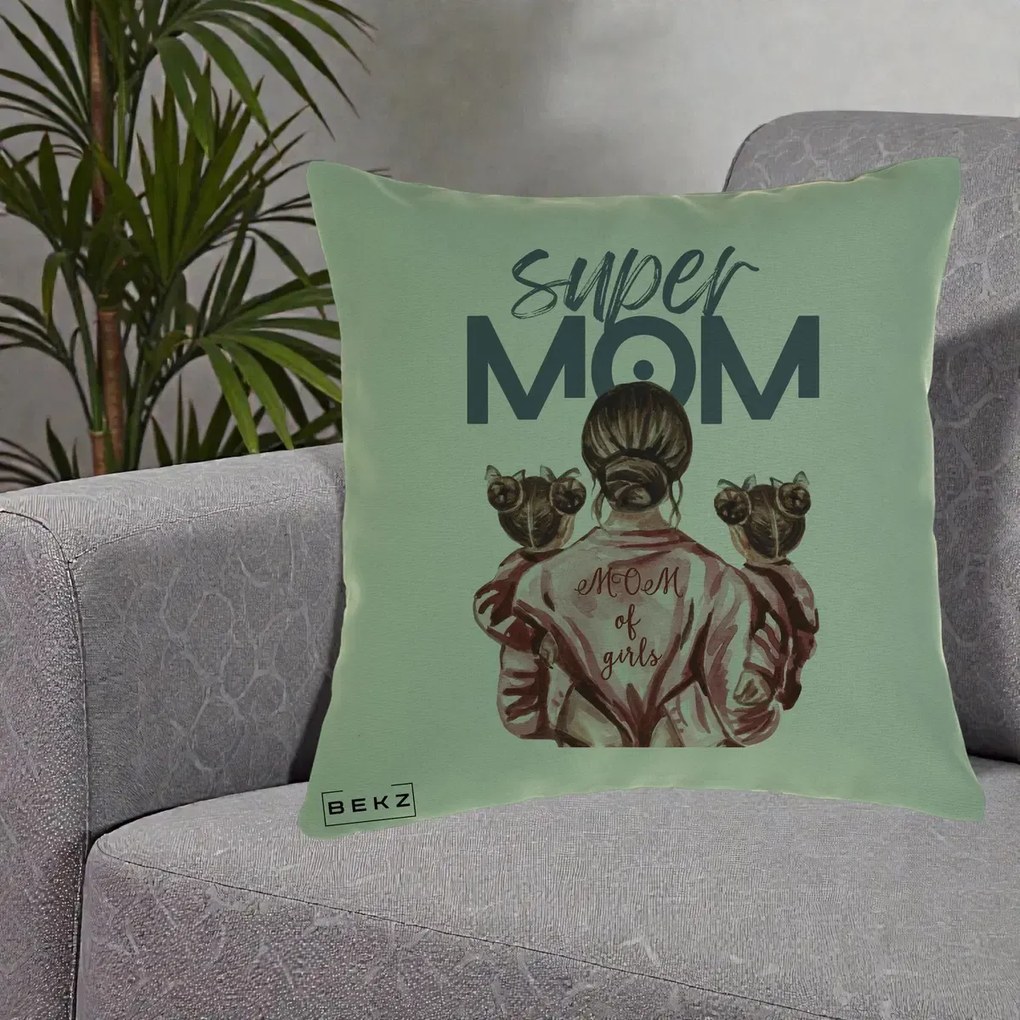 Cadou pentru Mama - Perna Personalizata Super Mom of Girls Mama cu Gemene, 40x40 cm, Verde, Husa Detasabila, Perna Inclusa, BEKZ®