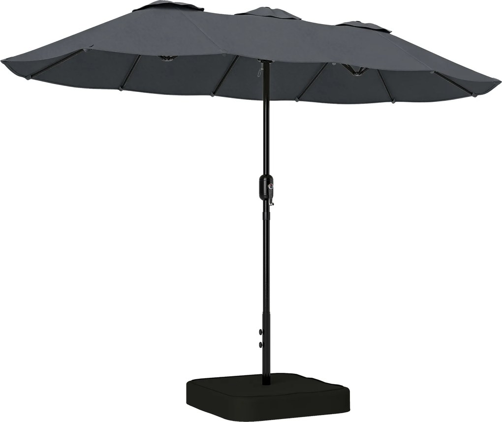 Outsunny Umbrelă Dublă cu 12 Spițe, Manivelă, Bază Metalică și Saci de Nisip, din Metal și Poliester, 3x1.5 m, Gri Închis | Aosom Romania
