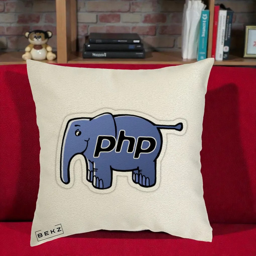 Perna Personalizata PHP Elephant, 40x40 cm, Ecru, Husa Detasabila, Perna Inclusa, BEKZ®
