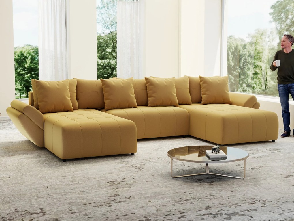 Colțar extensibil dumonde cu ladă de depozitare si sezut confortabil din spuma high-density, Berlin U Royal Mustar 380x180 cm