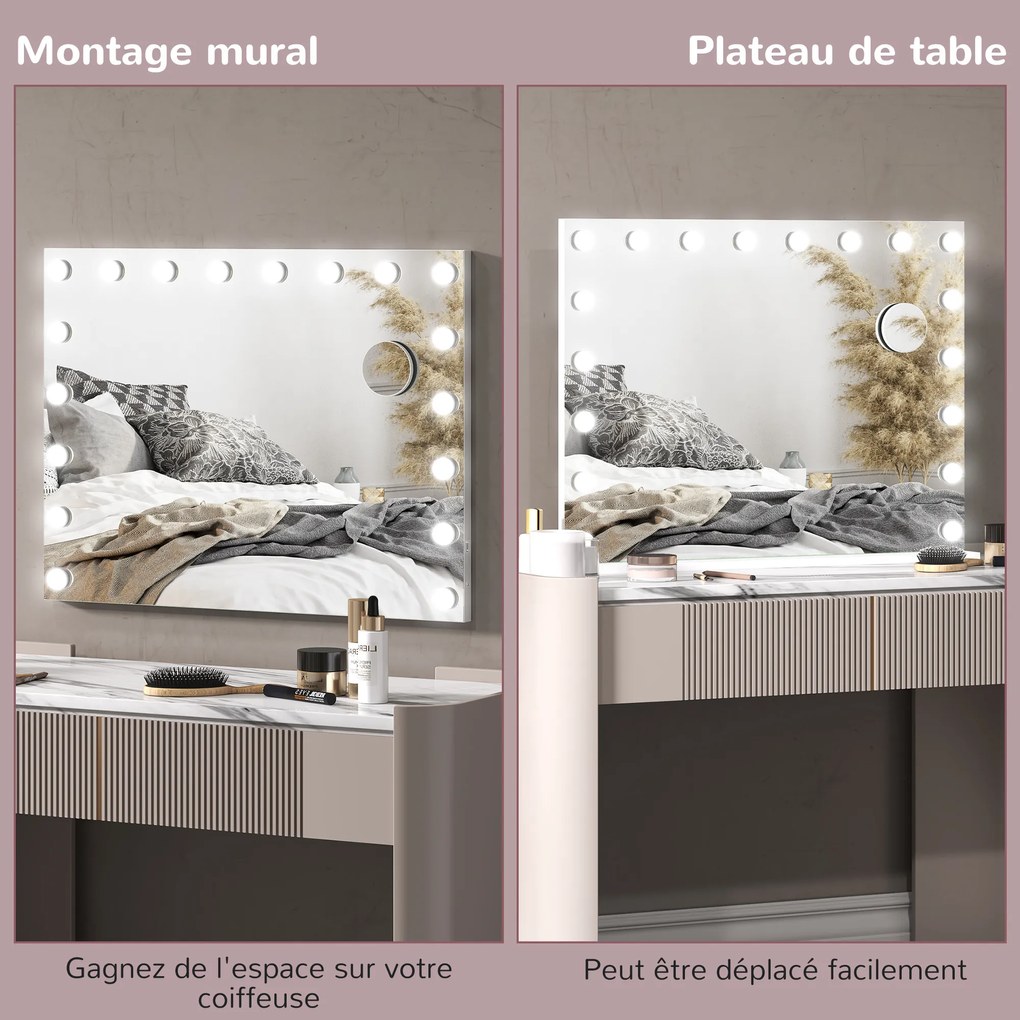 HOMCOM Oglindă machiaj luminoasă LED intensitate reglabilă, oglindă de mărire port USB, 80 x 62 cm | Aosom Romania