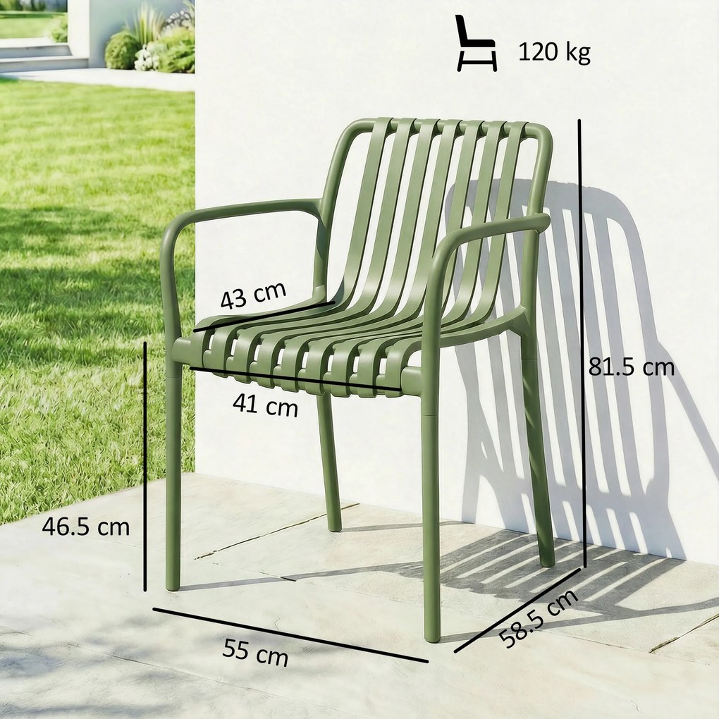 Outsunny Set 4 Scaune de Grădină Stivuibile din Plastic Anti-UV, Scaune pentru Prânz în Exterior cu Spătar Ergonomic cu Lamele și Mânere, pentru Terasă Balcon Grădină Exterior Interior, 55x58,5x81,5 cm, Verde | Aosom Romania