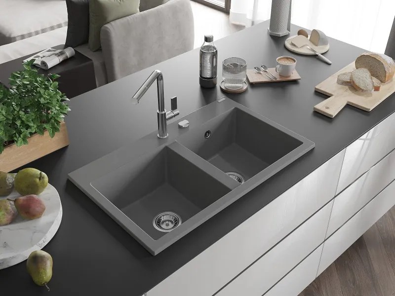 Mexen Hektor chiuvetă din granit cu 2 compartimente 800 x 480 mm, gri, sifon crom - 6521802000-71