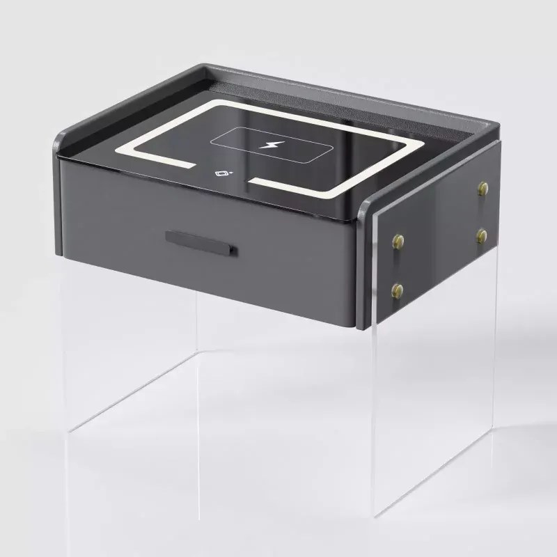 Noptieră inteligentă cu &icirc;ncărcare wireless, iluminare LED, 1 sertar de depozitare &ndash; gri antracit, design modern din sticlă și lemn