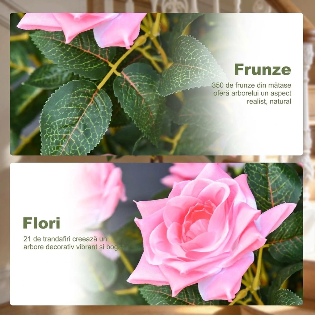 Outsunny Plantă Artificială de Trandafiri cu 21 de Flori, Ghiveci Umplut cu Ciment și Mușchi, Ø18x90 cm, Roz | Aosom Romania