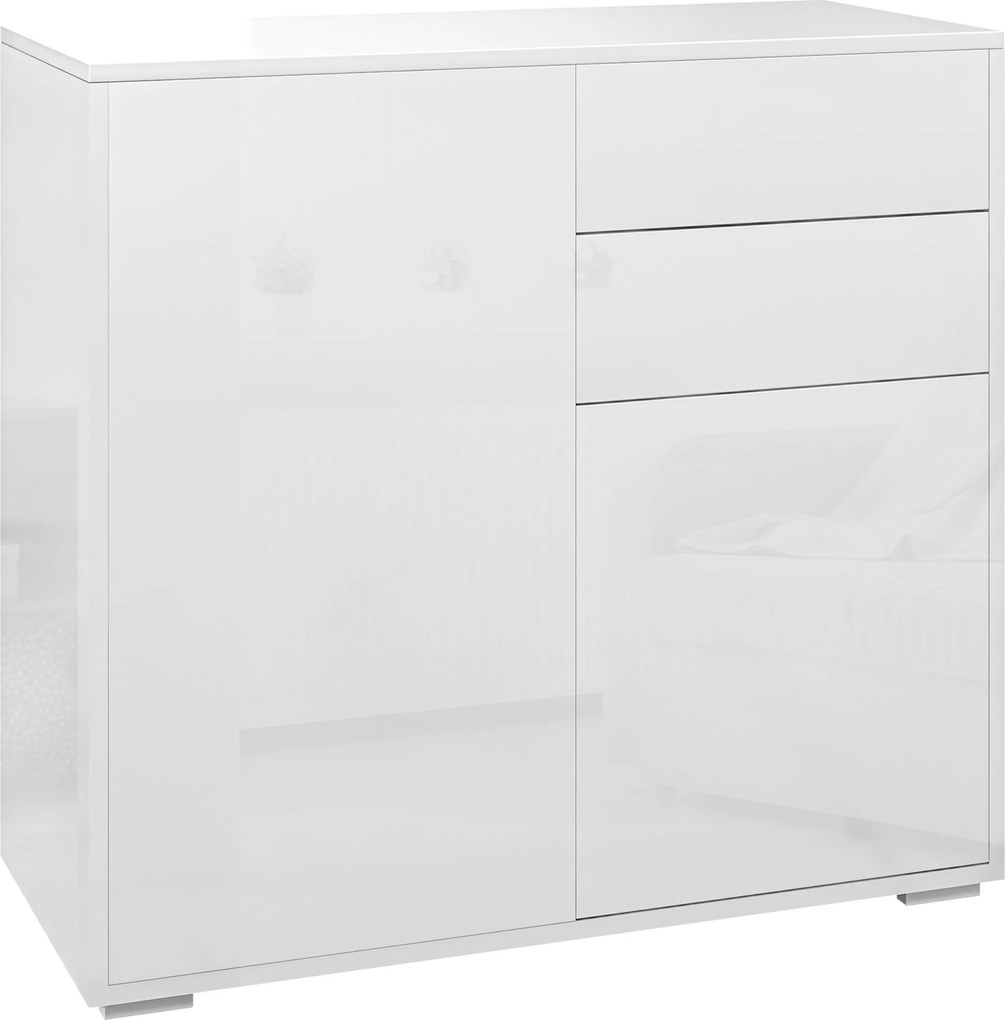 HOMCOM Comodă Elegantă cu Deschidere Touch, 2 Dulapuri și 2 Sertare, pentru Living și Dormitor, 79x36x74cm, Alb Lucios | Aosom Romania