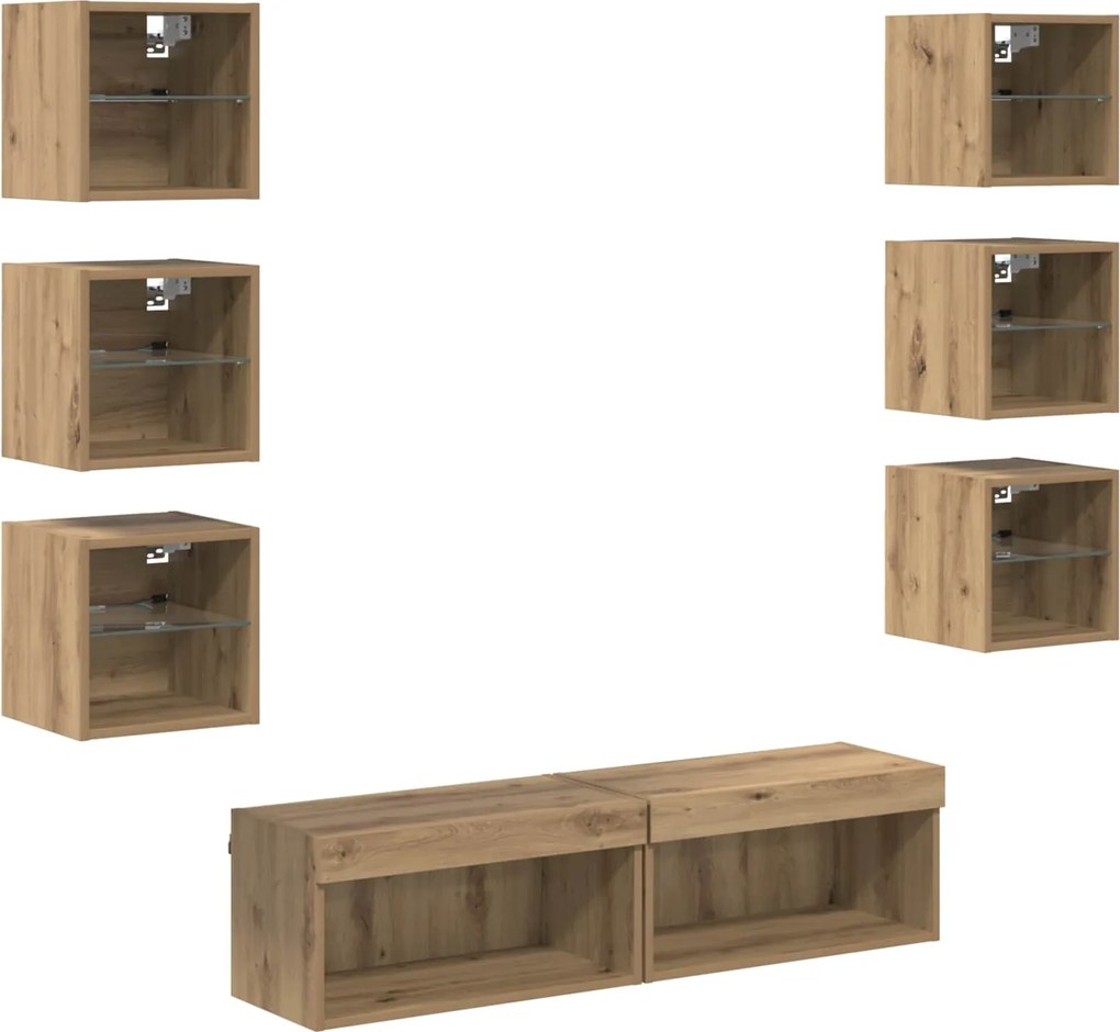 vidaXL Cabinet TV cu lumini cu bandă LED 8 pcs Stejar Artizanal Sticlă