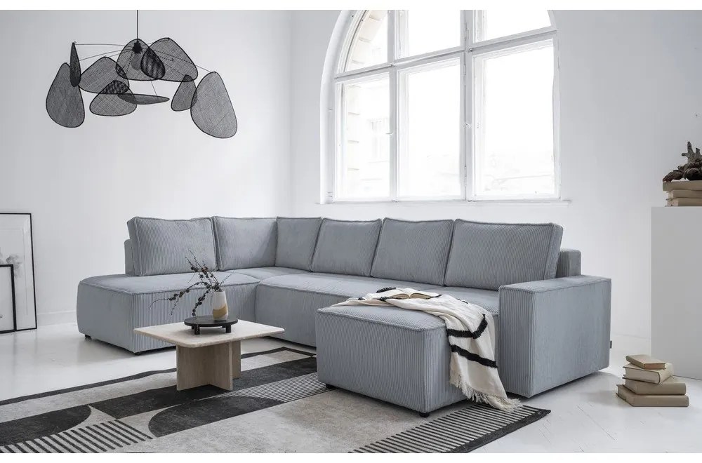 Colțar gri deschis extensibil cu tapițerie din catifea reiată (cu colț pe partea stângă /în formă de "U") Brave Dave – Miuform