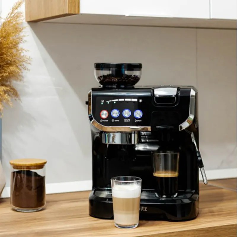 Espressor cu cafea boabe si capsule Oliver Voltz OV51171L8M, 2672W, 2 L, 5 adaptoare, 19 bar, Rasnita incorporata, Negru