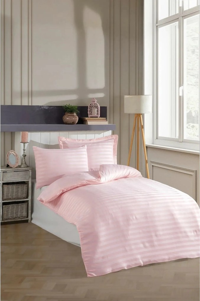 Set lenjerie pat 162ELR1700, bumbac/poliester, roz/alb, 140x200 cm, cu