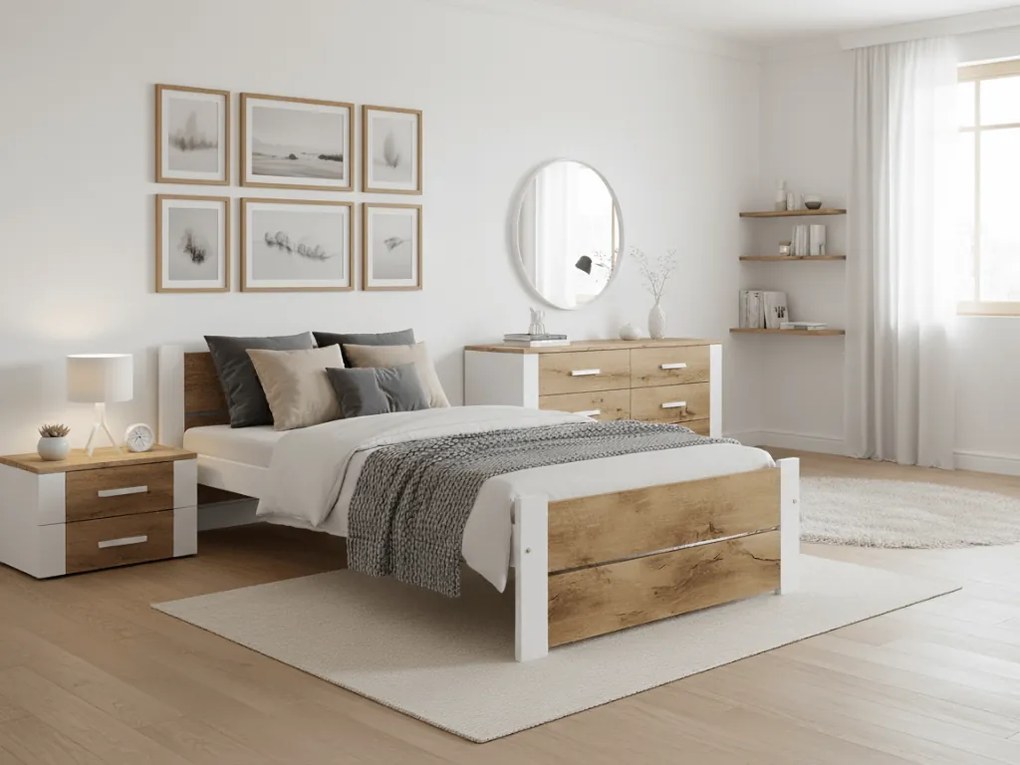 Pat de o persoana IKAROS DOUBLE 90 x 200 cm, stejar artisan/alb Saltele: Fara saltea, Somiera pat: Cu lamele drepte