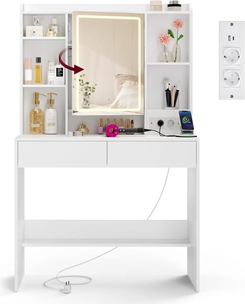 Masuta machiaj cu Oglinda LED si 2 Sertare pentru Cosmetice, Set Masa toaleta 90 cm, Alb, masuta cosmetica, vanity cu sau fara Priza, cu sau fara