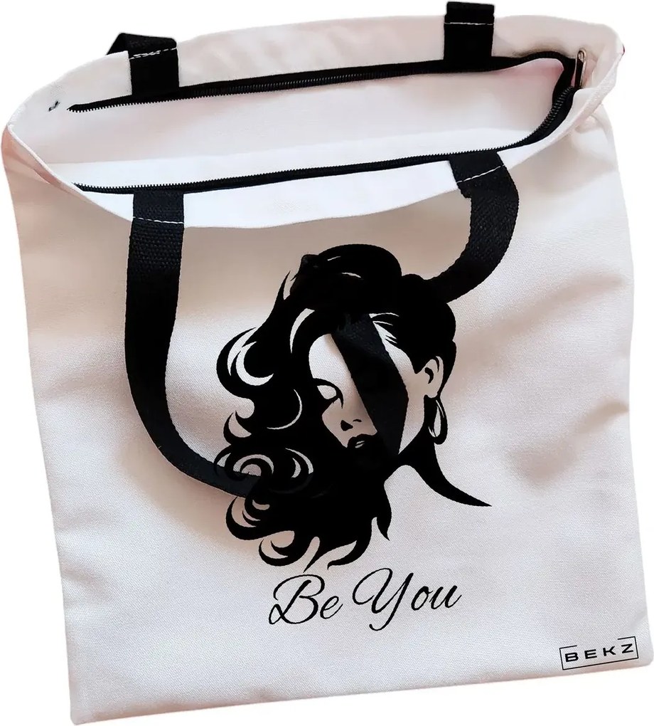 Sacosa de Panza pentru Cumparaturi, Geanta Tote, model Be You 2, Cu fermoar, 38x34.5 cm, Alba, BEKZ®