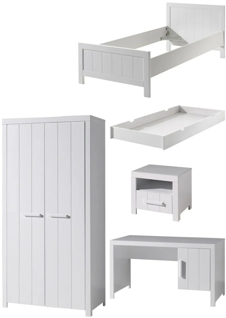 Set Mobilier Cameră Copii ERIK: Pat 90x200 cm, Dulap 2 Uși, Birou, Noptieră și Sertar, Alb – Vipack