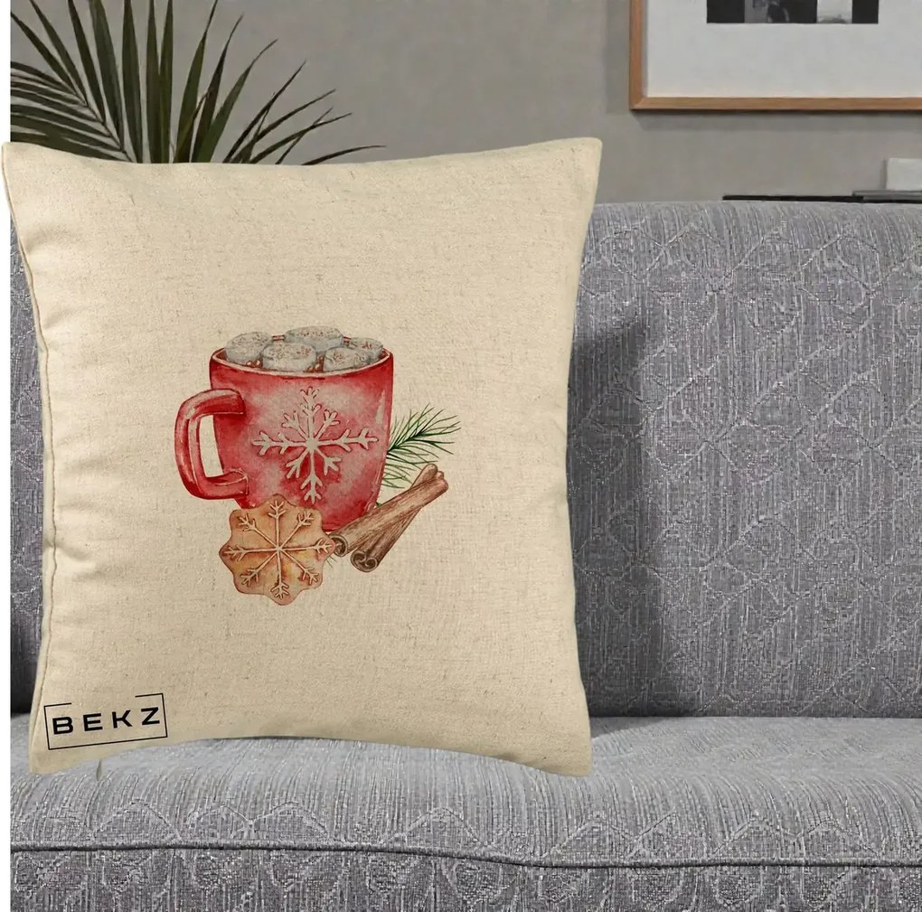 Perna Decorativa Cacao de Iarna cu Biscuit, 40x40 cm, Bej, Husa Detasabila, Perna Inclusa, BEKZ®