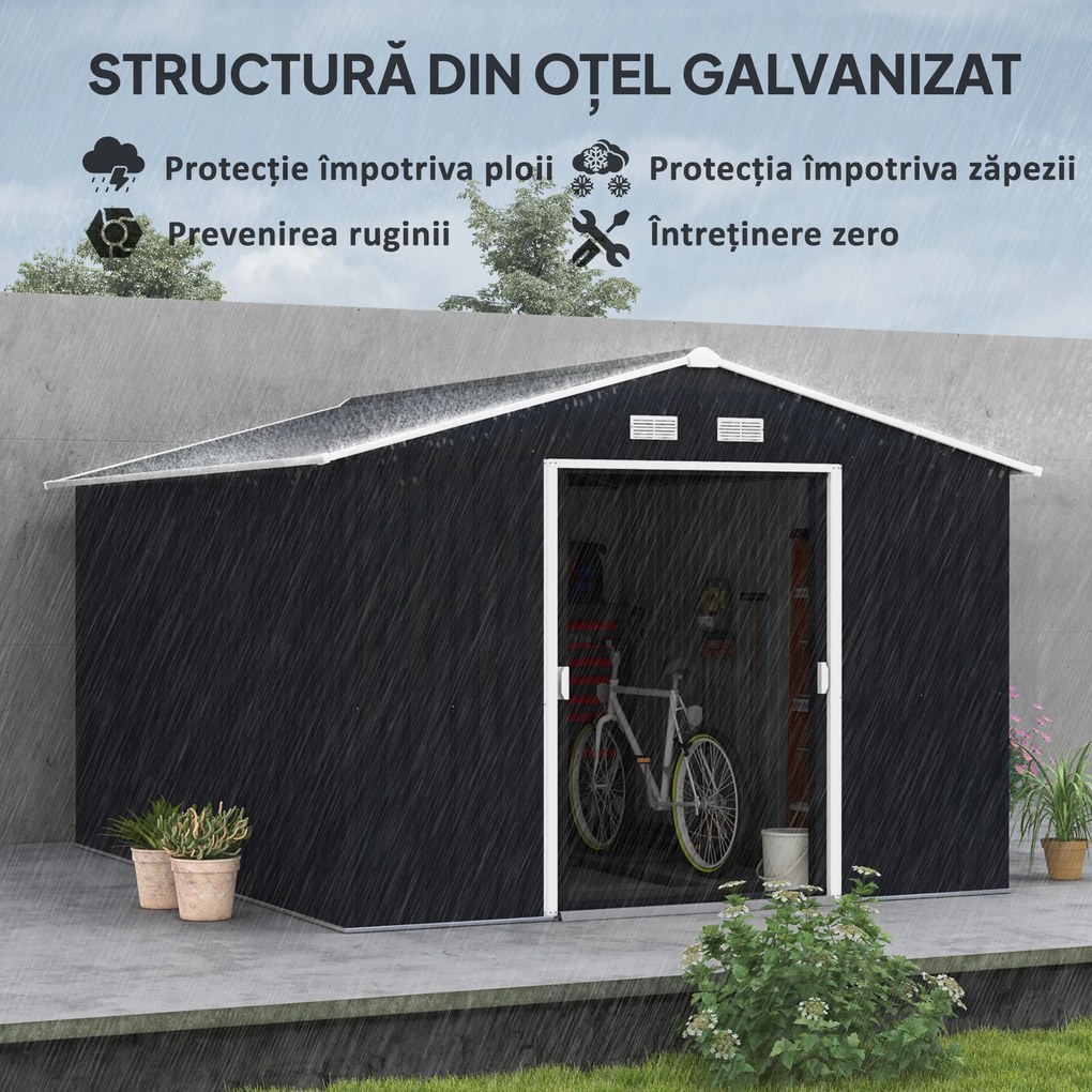 Magazie de Depozitare de 277x322x192cm din Metal pentru Unelte de Gradina cu Usi Glisante Duble, Gri Inchis Outsunny | Aosom RO