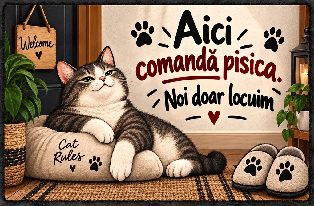 Covoraș de intrare, antiderapant, model Aici comandă pisica, 50x70 cm, CIN106