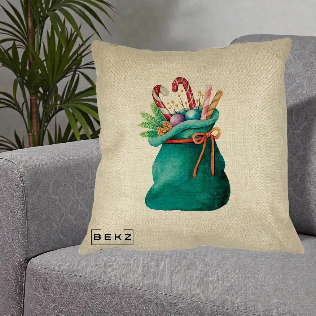 Perna Decorativa Saculet Cadouri Mos Craciun Acuarela Verde, 40x40 cm, Crem, Husa Detasabila, Perna Inclusa, BEKZ®