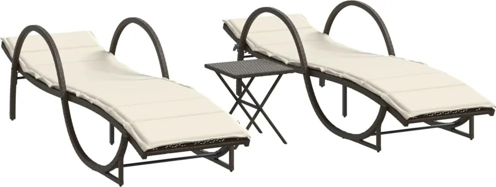 vidaXL Șezlonguri de plajă cu masă, 2 buc., maro, poliratan