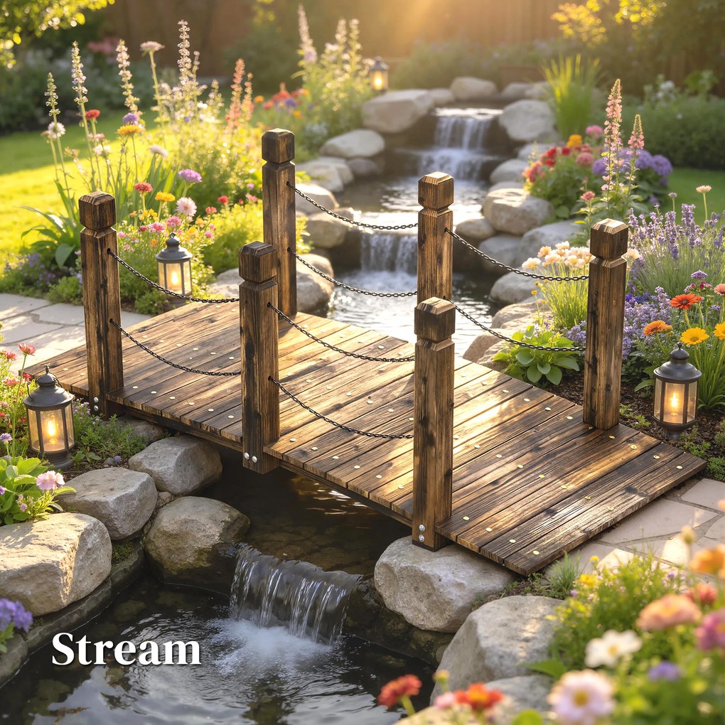 Outsunny Pod de Grădină din Lemn 1,51 m Pod Decorativ pentru Iaz Rustic cu Balustrade de Siguranță Carbonizat | Aosom Romania