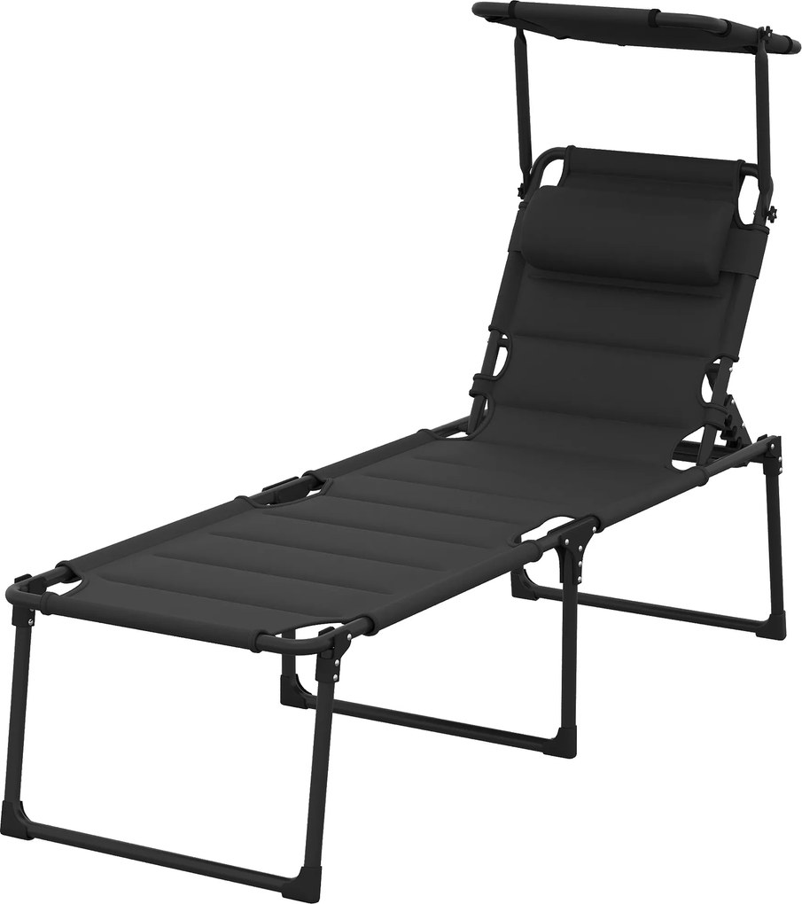 Outsunny Șezlong pliabil cu copertină, pernă pentru cap reglabilă din material Oxford 70 x 200 x 45 cm, negru | Aosom Romania