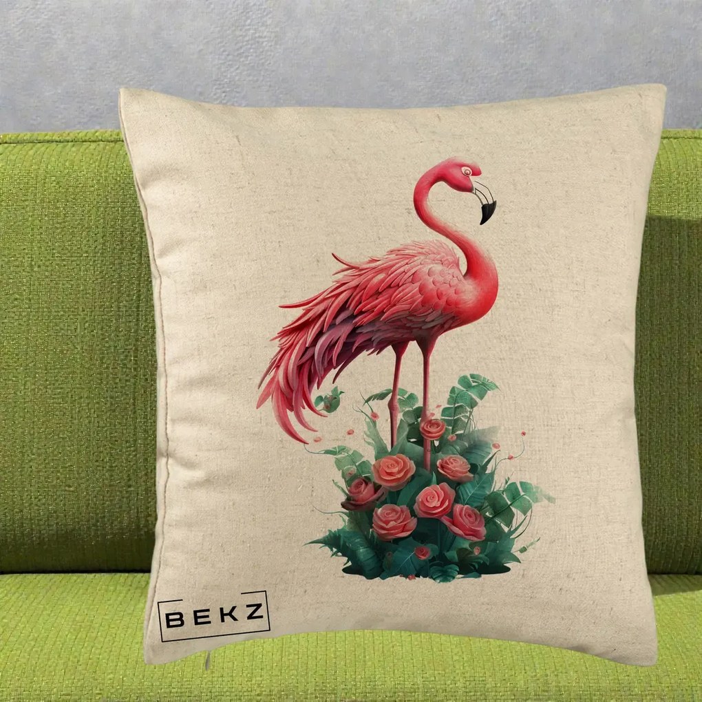 Perna Decorativa Flamingo cu Trandafiri Tropicali, 40x40 cm, Bej, Husa Detasabila, Perna Inclusa, BEKZ®