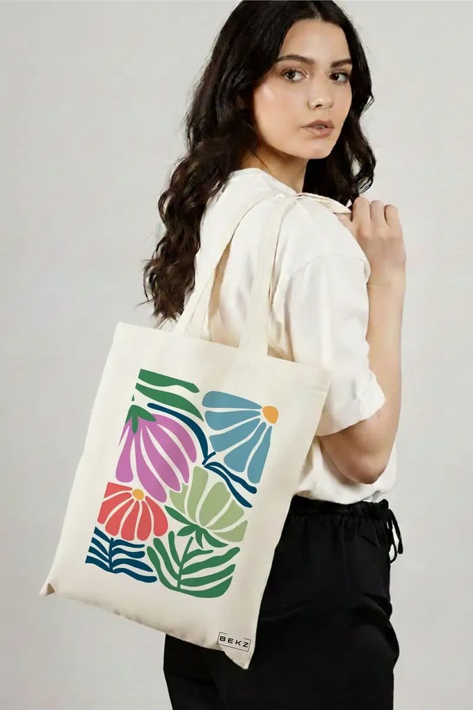 Sacosa de Panza pentru Cumparaturi, Geanta Tote Boho Style 10, 38x34.5 cm, Alba, BEKZ®
