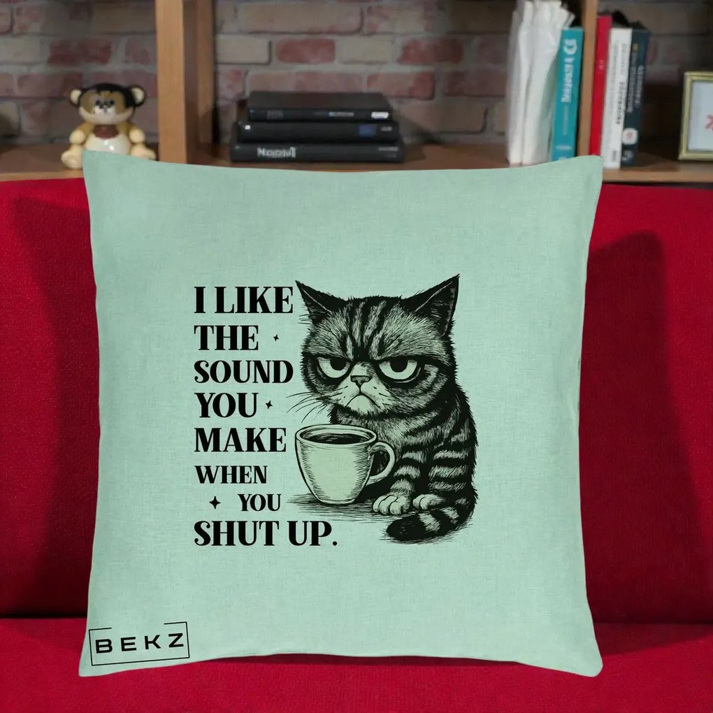Perna Decorativa I Like the Sound You Make Pisica, 40x40 cm, Verde Menta, Husa Detasabila, Perna Inclusa, BEKZ®