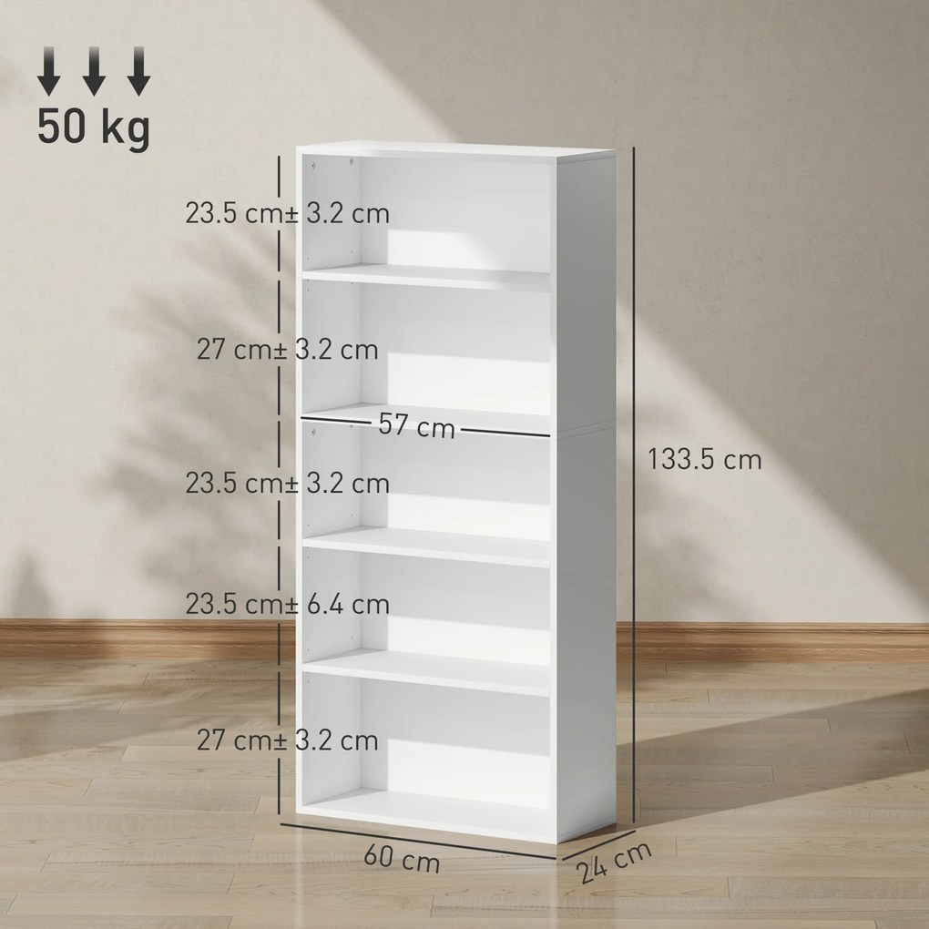 HOMCOM Bibliotecă cu 5 Niveluri și Rafturi Ajustabile, 60x24x133,5 cm, Alb | Aosom Romania