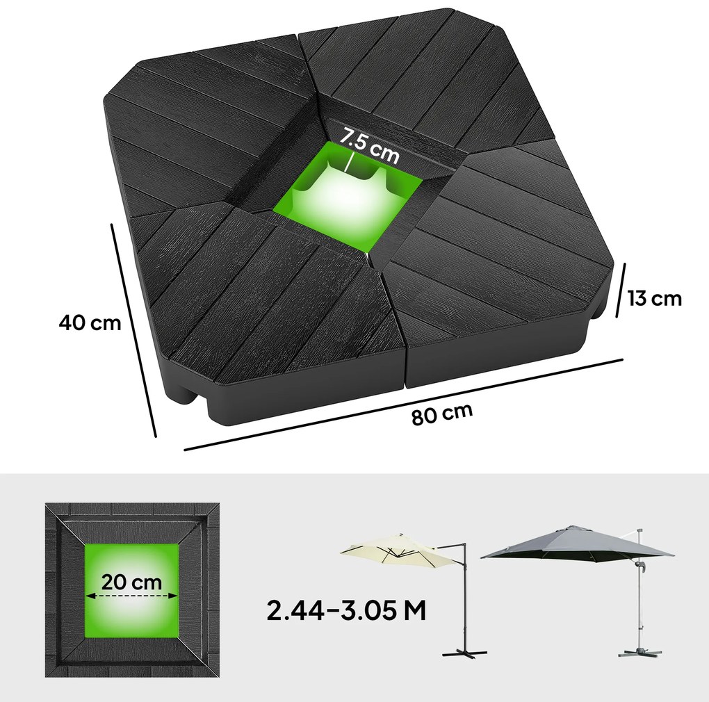 Outsunny Set de 4 Greutăţi pentru Umbrelă din HDPE cu Efect de Lemn, 80x80x13 cm, Negru | Aosom Romania