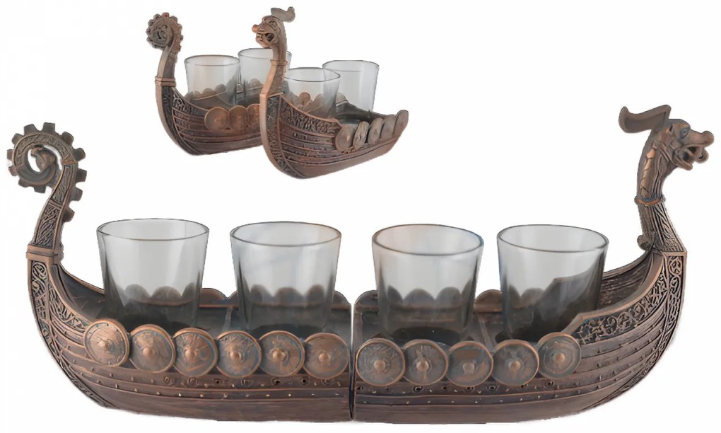Set 4 pahare de shot/tuica din sticla cu suport Corabia Vikinga 31 cm finisaj bronz