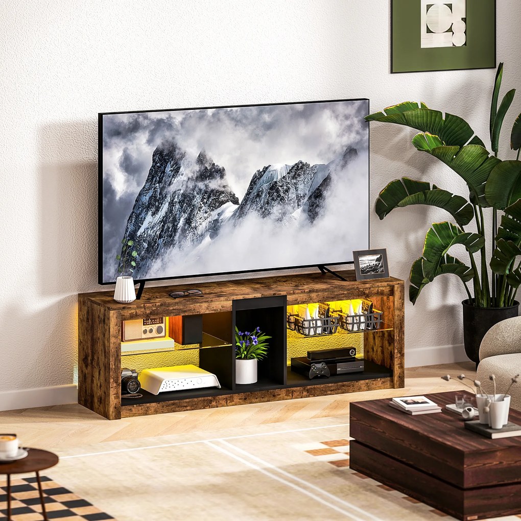 HOMCOM Mobilier TV cu lumină LED și telecomandă, rafturi și compartimente deschise, 140x35x47cm, maro | Aosom Romania
