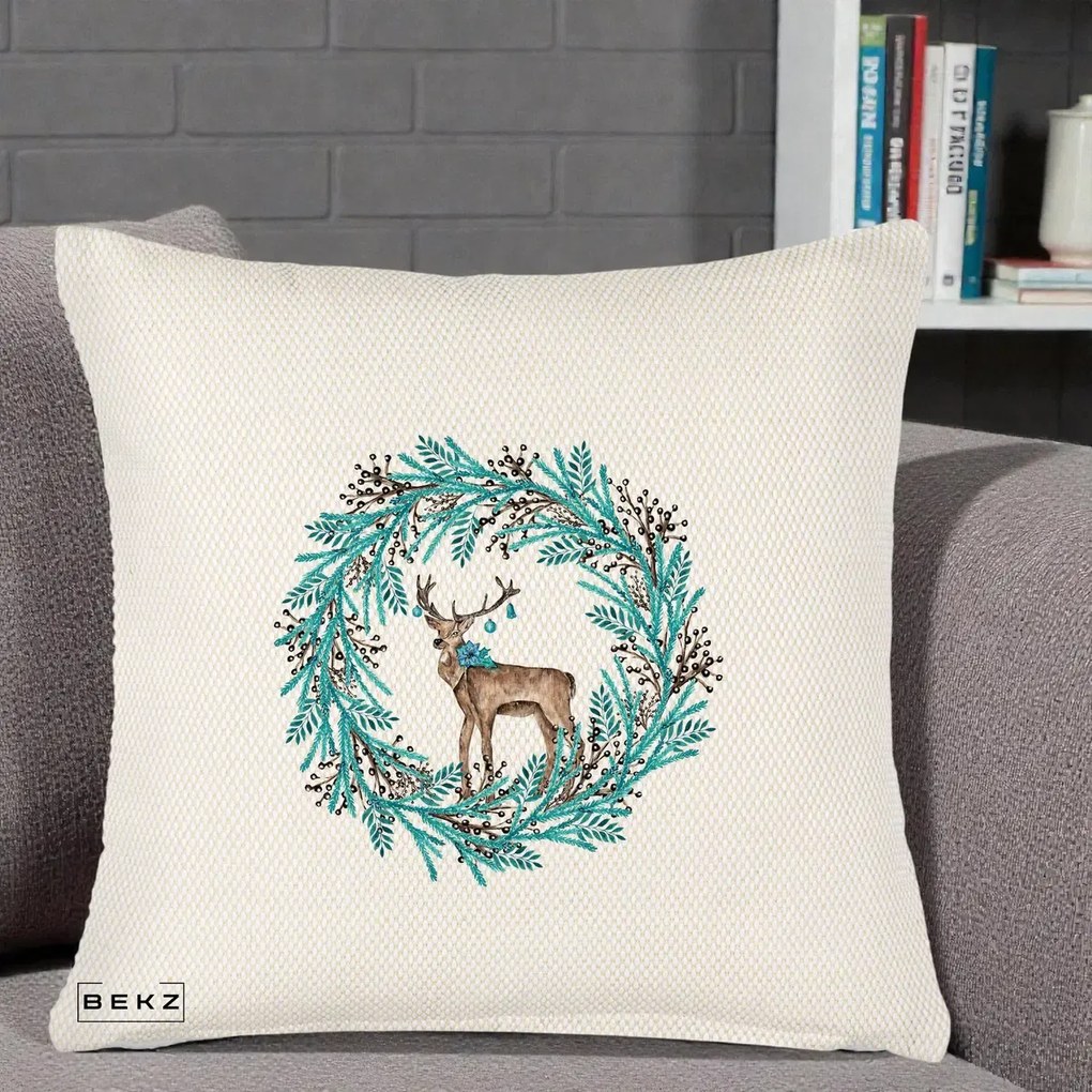 Perna Decorativa Coroana Turcoaz cu Ren, 40x40 cm, Crem Reliefat, Husa Detasabila, Perna Inclusa, BEKZ®