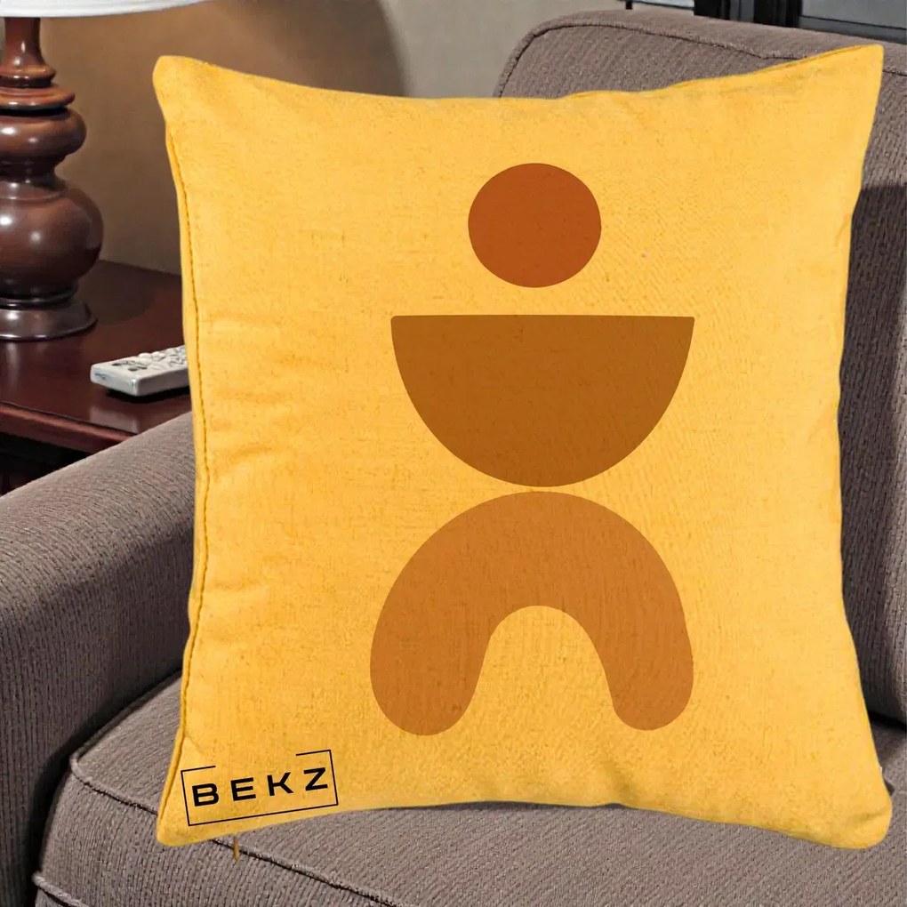 Perna Decorativa Geometric Boho Disc si Arc, 40x40 cm, Galben, Husa Detasabila, Perna Inclusa, BEKZ®