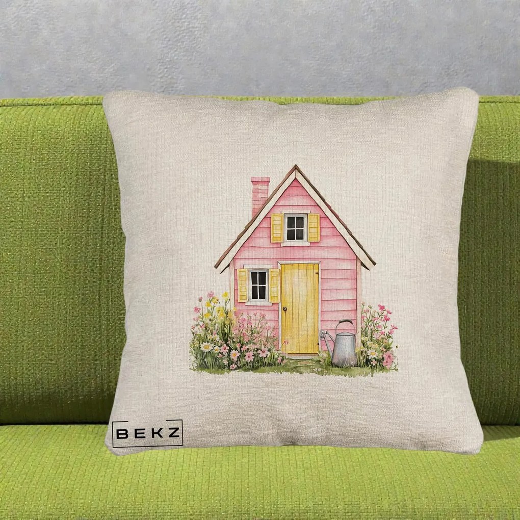 Perna Decorativa Casuta Roz Acuarela cu Gradina, 40x40 cm, Bej Canapea, Husa Detasabila, Perna Inclusa, BEKZ®