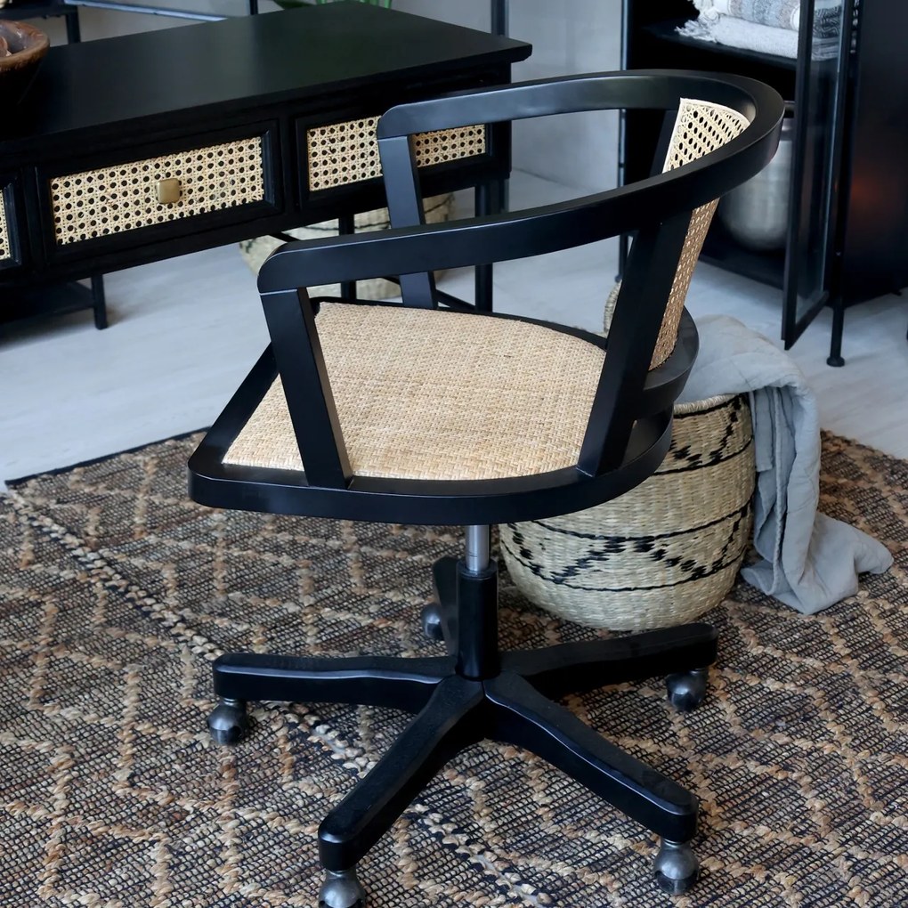 Scaun de birou, din lemn de mesteacan si rattan, negru, cu aspect vintage, Old French