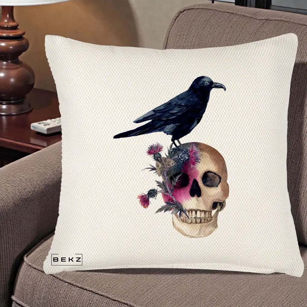 Perna Decorativa Craniu cu Corb si Flori Gothic, 40x40 cm, Crem Reliefat, Husa Detasabila, Perna Inclusa, BEKZ®