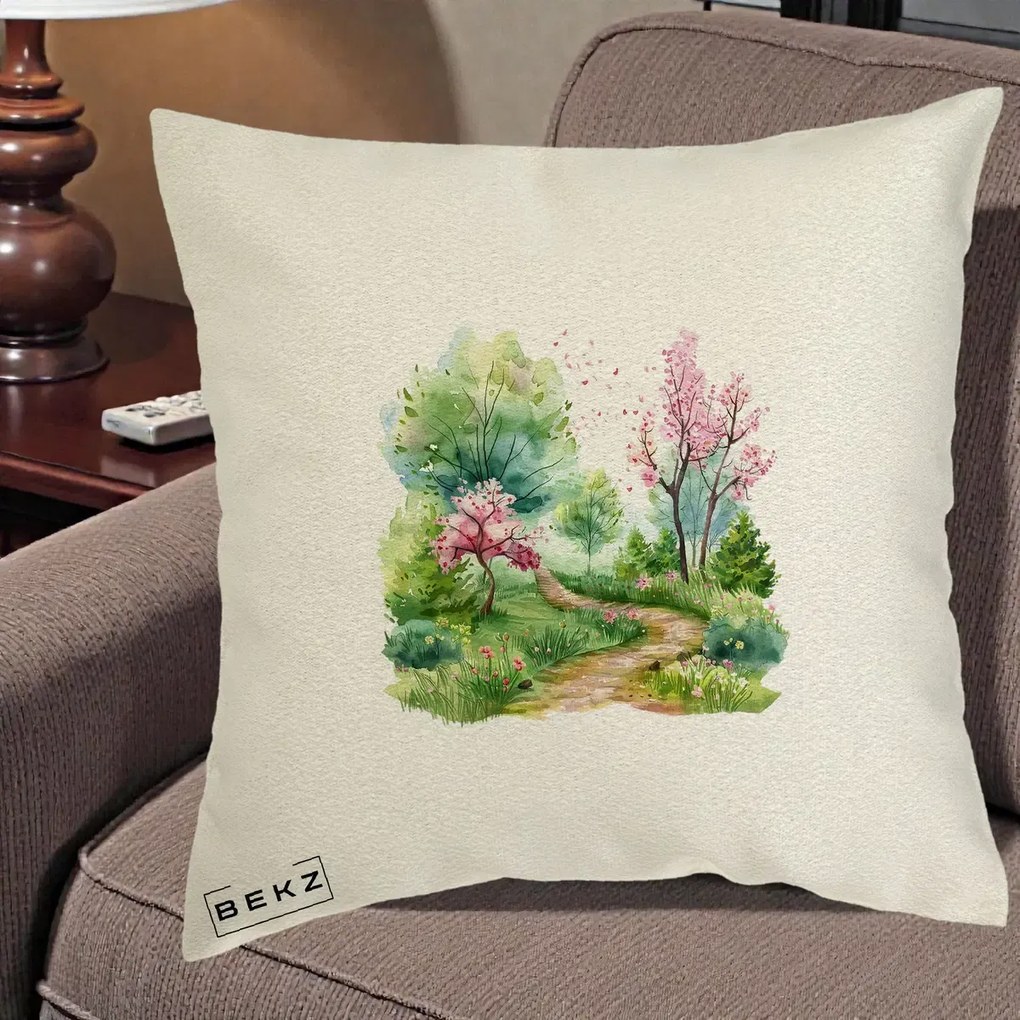 Perna Decorativa Gradina Primavara Acuarela, 40x40 cm, Ecru, Husa Detasabila, Perna Inclusa, BEKZ®