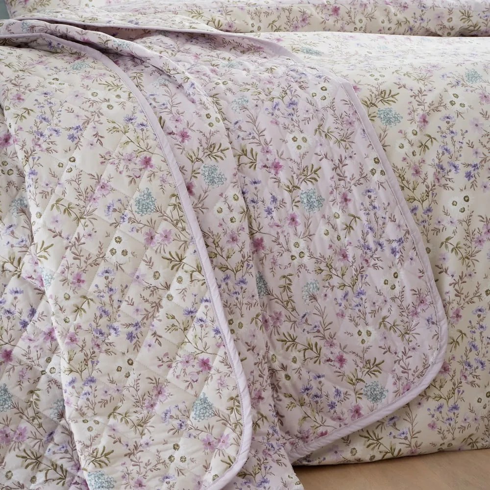Cuvertură mov lavandă-bej matlasată din bumbac 220x230 cm Ditsy Floral – Bianca