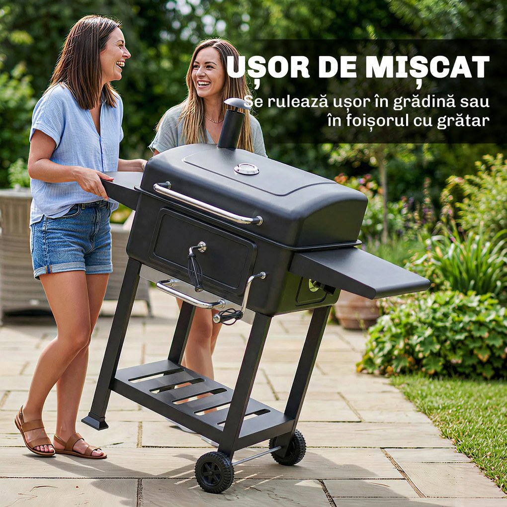 Outsunny Grătar pe Cărbune, Grătar Afumătoare cu Roți pentru Exterior, Negru | Aosom Romania