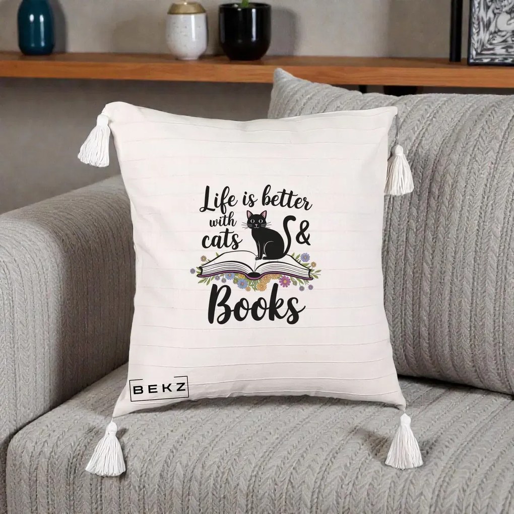 Perna Personalizata Life is Better Cats and Books, 40x40 cm, Bej cu Franjuri, Husa Detasabila, Perna Inclusa, BEKZ®