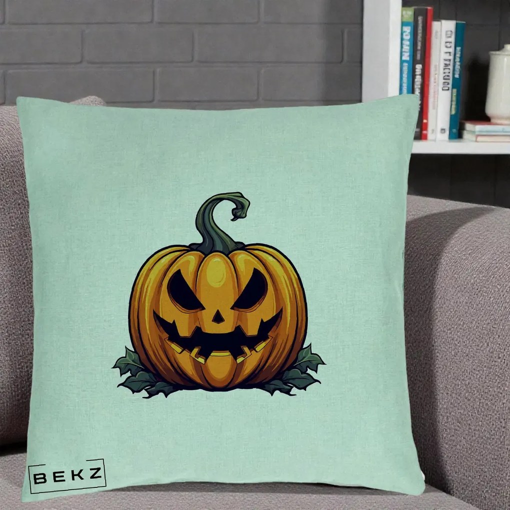 Perna Decorativa Halloween Jack-o'-Lantern Infricosator, 40x40 cm, Verde Menta, Husa Detasabila, Perna Inclusa, BEKZ®