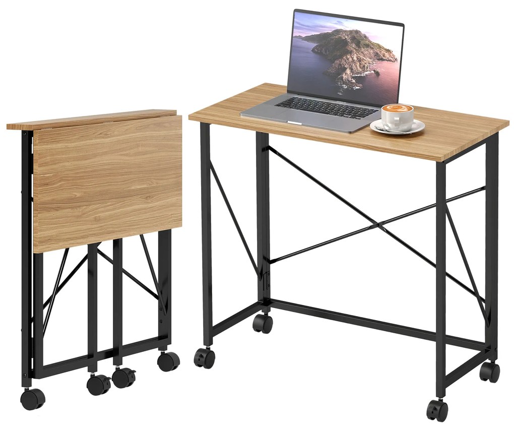 HOMCOM Birou pliant cu roți, economizor de spațiu, oțel, MDF, Stejar | Aosom Romania