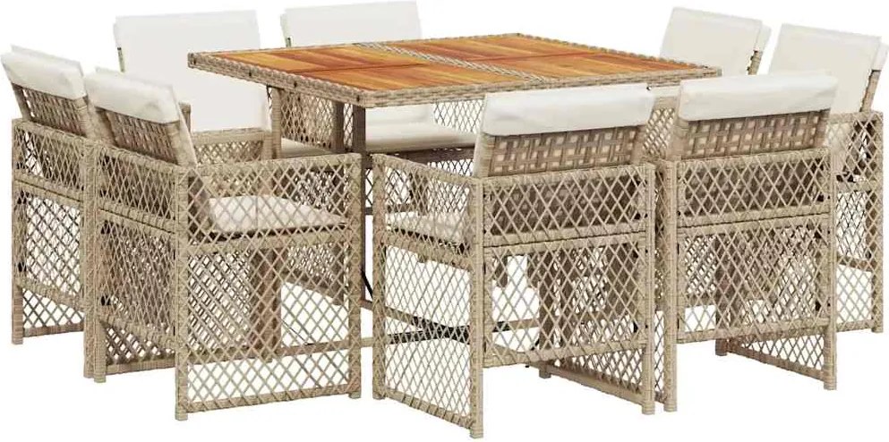 vidaXL Set de masă pentru grădină, 9 piese, cu perne, bej, poliratan
