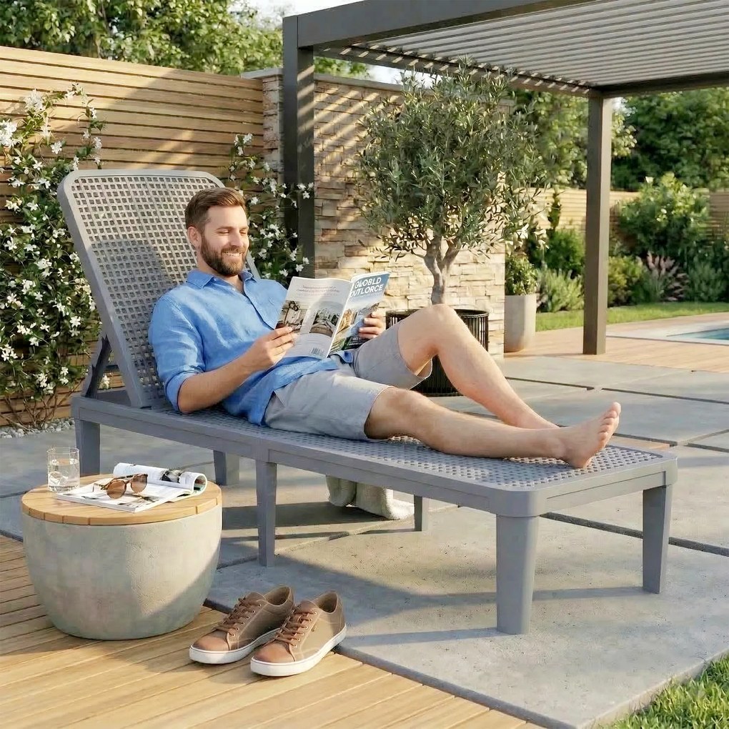 Outsunny Șezlong reclinabil de grădină exterior cu spătar reglabil în 4 poziții și cadru din PP 191x55x35,5 cm Gri închis | Aosom Romania