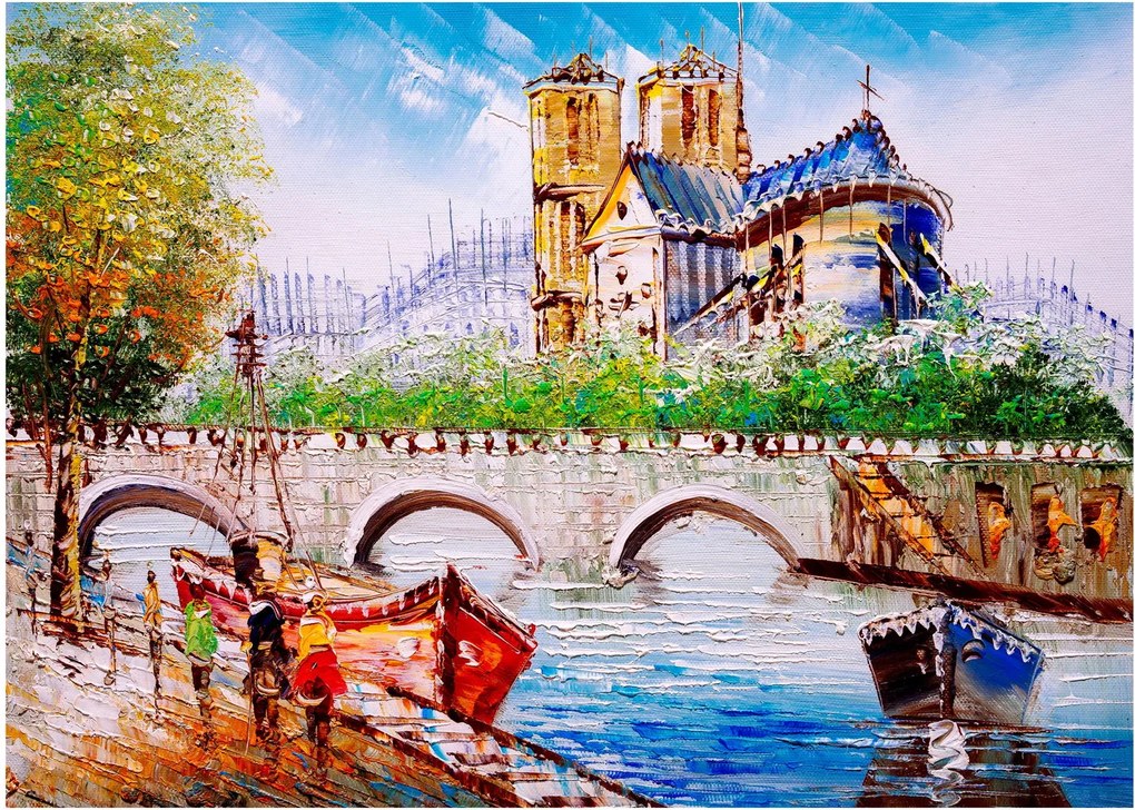 Tablou pe sticlă - Pictură în ulei a orașului (70x50 cm)