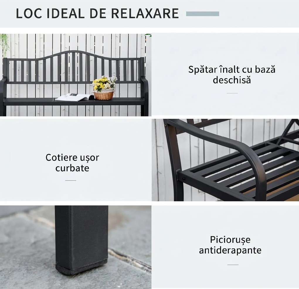 Bancă de Grădină Outsunny din Metal cu Măsuță Centrală Retractabilă, Bancă Loveseat pentru Terasă cu Șezut și Spătar cu Șipci, pentru 2–3 Persoane, Neagră | Aosom Romania