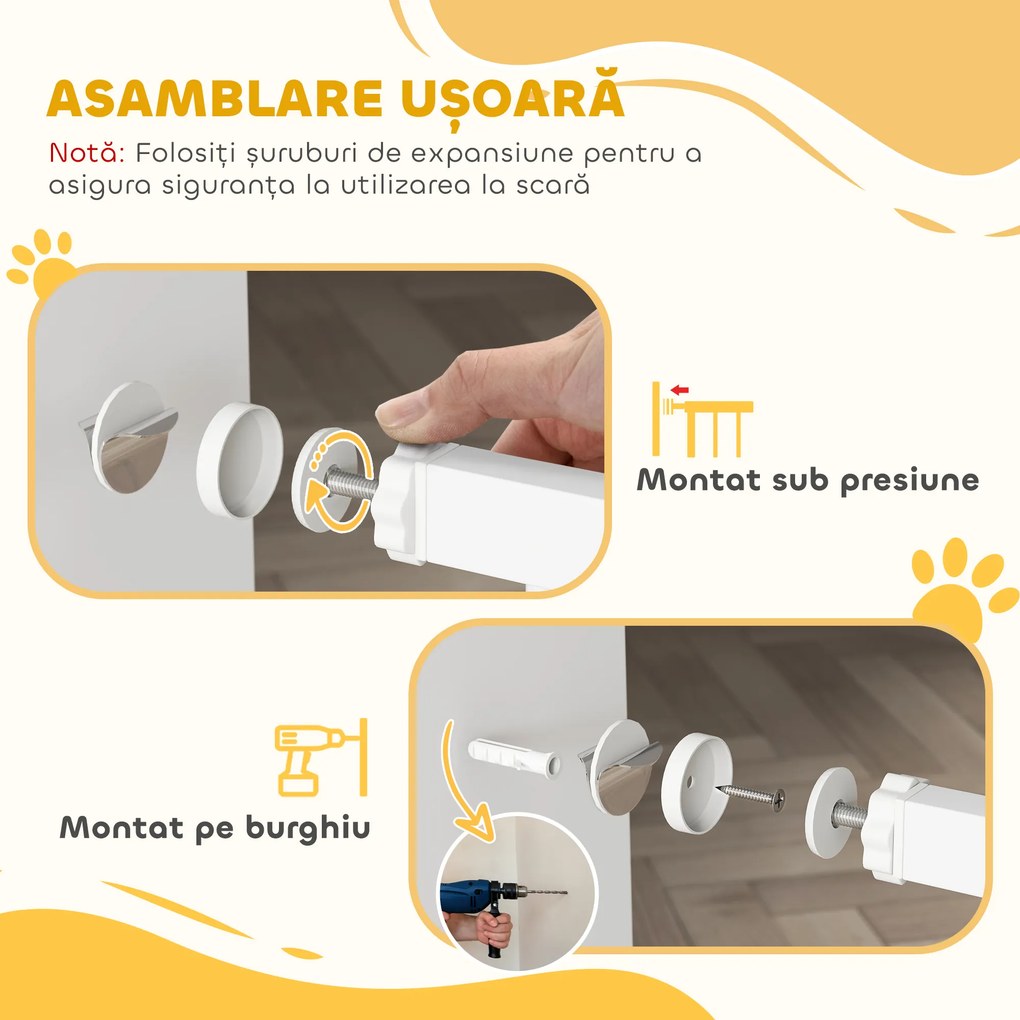 PawHut Poartă de Siguranță pentru Copii și Animale, Poartă pentru Câini cu Închidere Automată, Deschidere în Ambele Direcții, Montare prin Presiune, 76-82x76 cm, Alb | Aosom Romania