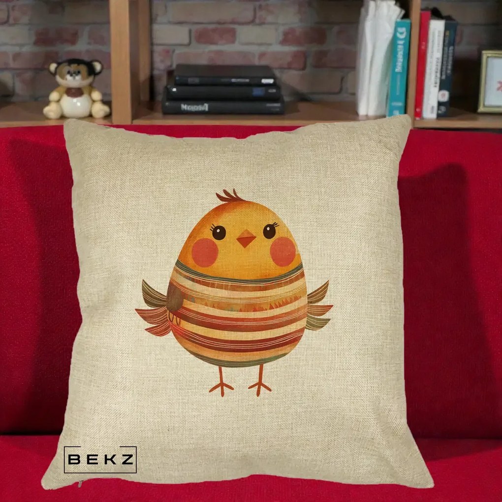 Perna Decorativa Pui Kawaii Portocaliu Dungi Calde, 40x40 cm, Crem, Husa Detasabila, Perna Inclusa, BEKZ®