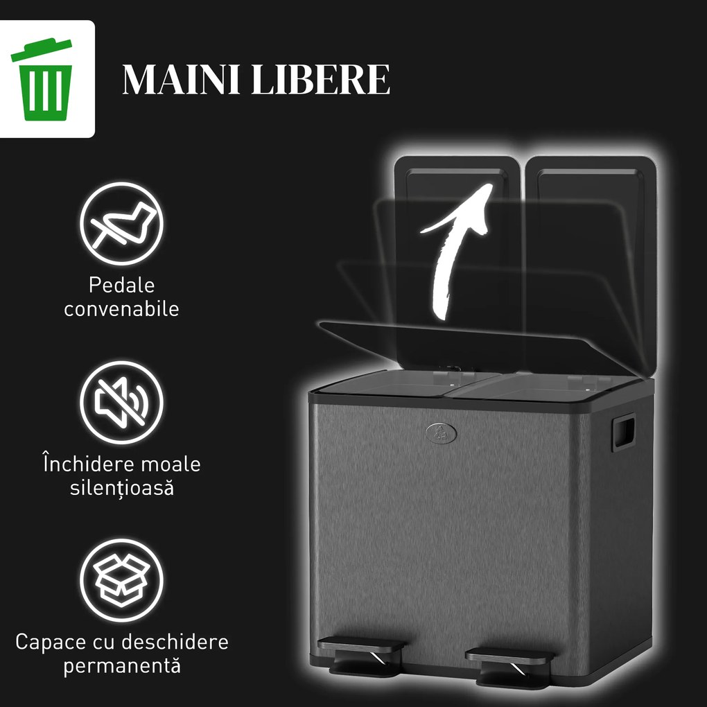 HOMCOM Coș de bucătărie dublu, 2 x 20L, cu pedală, capac cu închidere moale, găleți interioare detașabile, rezistent la amprente, Argintiu | Aosom Romania